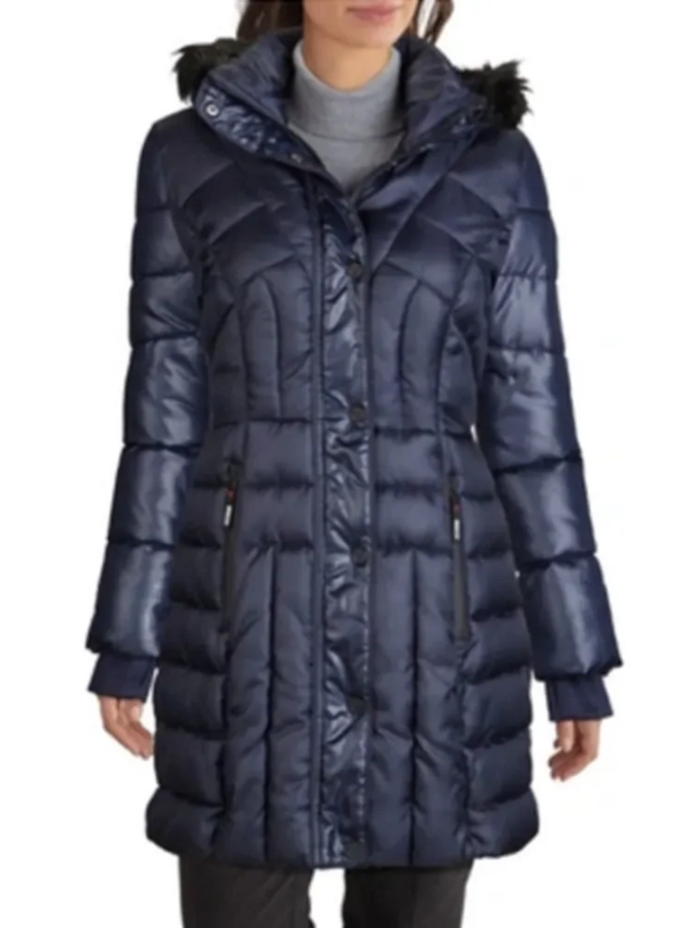GUESS Women's Faux Fur Trim Hooded Puffer Coat In Navy - size M - NWT - Picture 1 of 5